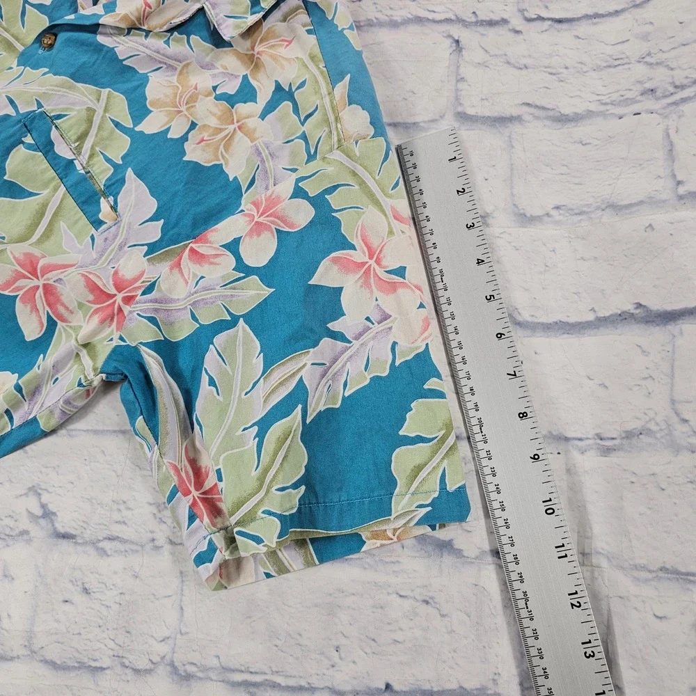 Barefoot in Paradise Button Shirt MENS M Teal Floral Hawaiian Cotton USA VTG